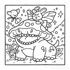 a coloring page with an image of a cartoon character in black and white, surrounded by flowers