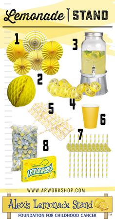 the lemonade stand is shown with instructions for making it in yellow and white colors