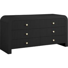 a black dresser with gold knobs on the top and bottom drawers, against a white background