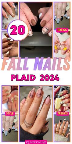 Fall Nail Designs Plaid, Autumn Plaid Nails, Purple Plaid Nails, Fall Checkered Nails, Brown Plaid Nails, Fall Plaid Nail Designs, Plaid Nails Fall, Plaid Fall Nails, Purple Fall Nails