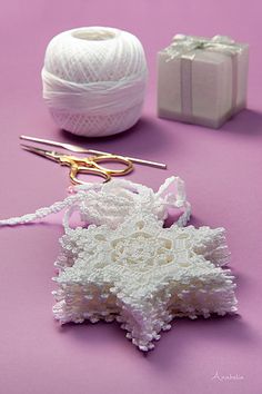 a pair of scissors and some yarn on a table