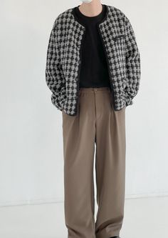 Grey Tweed Plaid Loose Jacket | Seonghwa - ATEEZ XXL Fashion Chingu, Loose Jacket, Seonghwa Ateez, Types Of Coats, Grey Tweed, Corduroy Blazer, Black Polo, Plaid Jacket, Double Breasted Suit