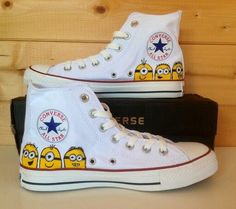 sneakers Minion Shoes, White Converse Shoes, Painted Converse, Artistic Shoes, Shoe Makeover, Custom Shoes Diy