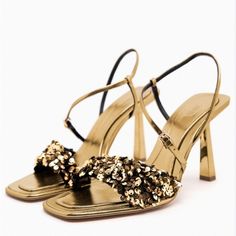 New With Tag Zara Sandals In Size 7.5 Luxury High Heels, Golden Sandals, Metallic High Heels, Sequin Sandals, Square Shoes, Evening Heels, Strappy Platform Sandals, Zara Heels, Zara Gold