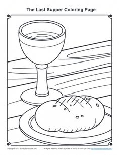 the last supper coloring page with bread, wine glass and an egg on a plate