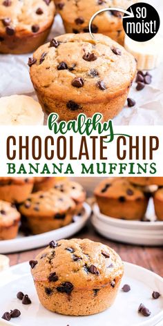 healthy chocolate chip banana muffins on a plate