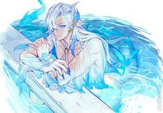 an anime character is sitting on a surfboard in the water with his arms crossed