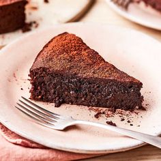 a piece of chocolate cake on a plate with a fork