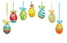 colorful easter eggs hanging from strings with bows