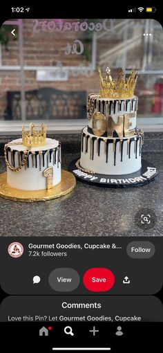 two cakes sitting on top of a counter next to each other