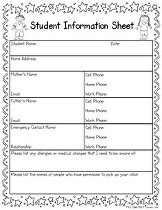 the student information sheet for students to use