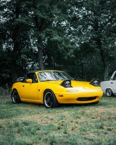 two cars parked in the grass next to each other with trees in the back ground