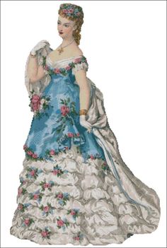 The Belle of the Ball Series is an elegant collection perfect to be stitched and framed! Find your favorites with all sorts of style just like the Leonora pattern -- a beautiful blue gowned and floral Victorian design! Victorian Fashion Plates, 1890 Dress, Drowsy Chaperone, Fashion Eras, Fancy Dress Ball, Victorian Gown, 1870s Fashion, Cross Stitch Modern, Dress Fancy