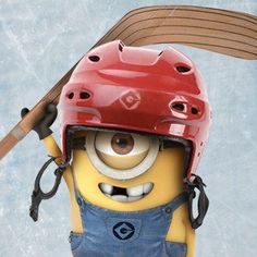 a minion wearing a red helmet and holding a baseball bat