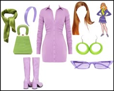 there is a woman wearing purple and green clothing with accessories around her neck, glasses, purse, headbands, and boots