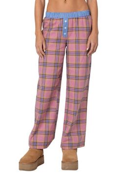 Enjoy every moment lounging in these classic plaid pants cut in a breezy wide-leg silhouette and styled with decorative buttons and contrasting striped trim. Elastic waist 50% cotton, 50% polyester Machine wash, dry flat Imported Wide Leg Loungewear Pants With Button Closure, Plaid Long Pants For Pajama Party, Plaid Trousers For Loungewear, Plaid Cotton Wide-leg Pants, Plaid Wide-leg Cotton Pants, Casual Plaid Bottoms With Button Closure, Striped Pants Women, Swimsuit Cover Up Dress, Garden Party Dress