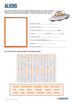 an alien word search is shown in this worksheet