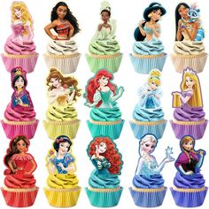 there are many cupcakes that have princesses on them in the same color