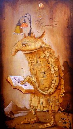 a painting of a rat reading a book with a lamp on it's head