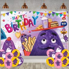 a birthday party scene with balloons and decorations