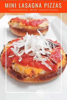 mini lasagna pizzas with cheese and tomato sauce on a white platter