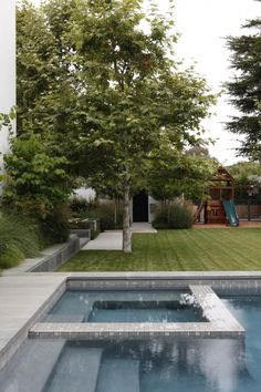 an empty pool in the middle of a yard with trees and grass on both sides