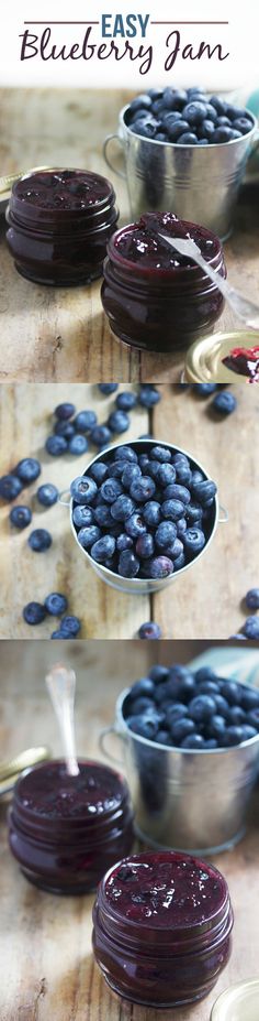 blueberry jam in a metal bowl with spoons on the side, and another photo of