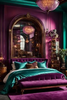 a bedroom with purple and green walls, gold furniture and chandelier above the bed