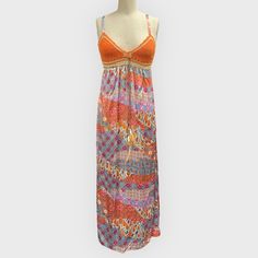 Vintage Silk Boho Maxi Dress With Croquet Bust And Leather Drawstring With Feather Ends. The Fewthers Are Still Wrapper For Protection. Size Small And 100% Silk. Cups Are Lined. Adjustable Ring And Slides In The Back. Spring Orange Boho Print Maxi Dress, Orange Vibrant Print Maxi Dress For Vacation, Orange Maxi Dress With Vibrant Print For Vacation, Orange Sleeveless Printed Maxi Dress, Orange Printed Sleeveless Maxi Dress, Sleeveless Printed Orange Maxi Dress, Printed Sleeveless Orange Maxi Dress, Sleeveless Orange Printed Maxi Dress, Orange Printed Bohemian Sundress