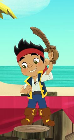 a cartoon boy in pirate costume standing on a table with an umbrella over his head