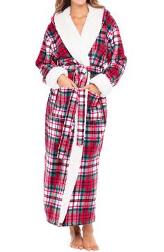 Red Christmas Plaid Robe For Men, Winter Robes, Fleece Robe, Soft Robes, Lounge Robes, Men's Robes, One Piece Clothing, Christmas Plaid, Women's Robe