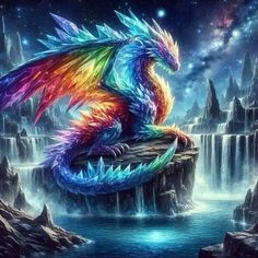 a colorful dragon sitting on top of a rock in front of waterfalls and stars