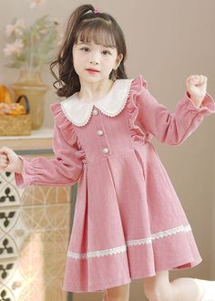 Pink Peter Pan Collar Ruffled Lace Patchwork Button Warm Fleece Kids Mid Dresses Long SleeveFabric: Cotton BlendedSize & Fit: Fit: This garment fits true to size.Length: Size 130 measures 70cm from shoulder to hemBust:The bust size for size 130 measures around 70cmWash: Hand Wash Cold. Winter Collared Dress With Buttons, Cute Button Dresses For Fall, Cute Doll Collar Dress With Buttons, Cute Buttoned Fall Dresses, Cute Fall Dresses With Buttons, Pink Long Sleeve Dress With Lace Collar, Frocks For Kids, Chic Prom Dresses, Kid Dress