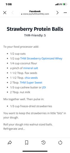 the strawberry protein balls recipe is shown on an iphone screen, with instructions for how to make them