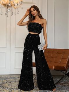 Elegant Formal Tube Sequin Pant Sets – Faeriesty Party Outfit Night, Party Outfit Night Club, Black Sequin Pants, Black Sequin Jumpsuit, Sequin Pant, Party Outfits Night, Outfit Night, Sequin Pants, Sequin Jumpsuit