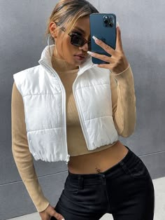 White Casual Collar Sleeveless Fabric Plain Puffer Embellished Non-Stretch Winter Women Clothing White Puffer Vest Outfit, White Vest Outfit, Vest Outfits For Women, Outerwear Women Winter, White Puffer Vest, Cropped Vest, Vest Coat, Vest White