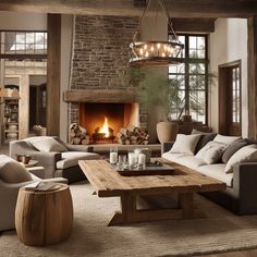 a living room filled with furniture and a fire place in the middle of the room