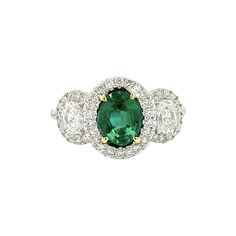 18k White Gold Center Stone: 1 Oval Shape Emerald, 1.27ct Diamonds: 2 Oval Shape, 0.65tcw | 56 Round Brilliant, 0.75tcw Gia Certified Oval Diamond Halo Ring, Certified Oval Diamond Halo Ring, Gia Certified Oval Emerald And Diamond Ring, Oval Emerald Ring In Diamond White, Gia Certified Oval Moissanite Emerald Ring, Oval Moissanite Emerald Ring With Vvs Clarity, Emerald Rings, Indie Jewelry, Diamond Halo Ring