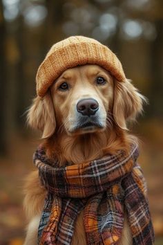 a dog wearing a hat and scarf in the woods