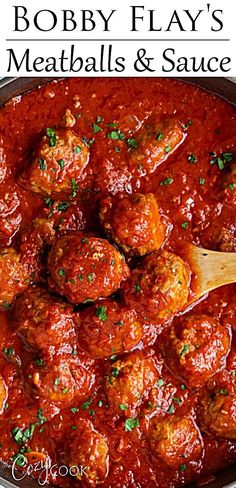 meatballs and sauce in a skillet with a wooden spoon on the side that says bobby flay's meatballs & sauce