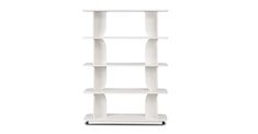 a white bookcase with four shelves on each side and one shelf in the middle