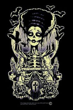 a black shirt with a skeleton on the front and an image of a woman's head