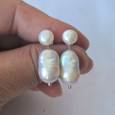 Welcome to my shop my dear friend. I hope you will like my jewelry, Please see the detail for this item: Pearl Jewelry: earrings Material: cultured freshwater pearl Size: around 8-8.5 mm & 13-18 mm Pearl Color: as the pictures Surface: with natural blemishes length: - thanks for looking! Have a good time! If you are not satisfied with your purchase, please kindly contact me and I will work with you to exchange the item or refund your money. About shipping: I will send out your order in 1-3 busin White Baroque Pearl Earrings As A Gift, Handmade White Pear-shaped Pearl Earrings, Baroque Pearl Earrings, White Freshwater Pearl, Earrings White, Silver Stud Earrings, Etsy Earrings Dangle, Pearl Color, Pearl Size