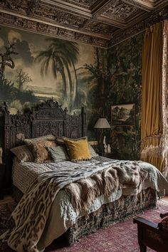 a large bed sitting in a bedroom next to a painting on the wall above it