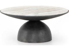 a white marble table with black base on an isolated surface, viewed from the front