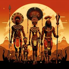 an illustration of three african people standing in front of a full moon with two children