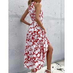 Red Floral Print Halter Maxi Dress Red Floral Maxi Dress For Spring, Fitted Red Floral Dress For Summer, Red Midi Dress For Summer Day Out, Red Floral Maxi Dress For Summer, Red Floral Print Dress For Vacation, Red Maxi Length Floral Dress For Vacation, Red Floral Dress For Vacation, Red Sleeveless Midi Dress For Vacation, Chic Red Floral Dress For Summer