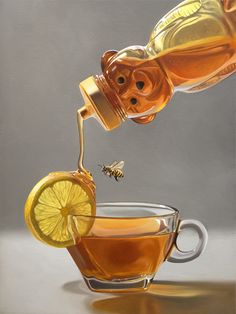 a painting of honey being poured into a glass cup