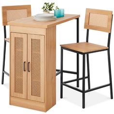 3-Piece Counter Height Rattan Kitchen Dining Table Set w/ Storage Shelves Boho Dining Table, Rattan Dining Set, Table For Kitchen, Rattan Dining Table, Bar Dining Table, Rattan Dining, Dinette Sets, Storage Cabinet Shelves, Counter Height Dining Table