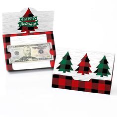 two christmas cards with trees and money in the middle one is red, black and green